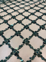 Load image into Gallery viewer, Emerald Sequin Beaded Lattice Mesh Fabric | Luxury Embroidered Tulle for Dresses, Gowns, Costumes, Event Decor
