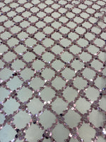 Load image into Gallery viewer, Dusty Rose Sequin Beaded Lattice Mesh Fabric | Luxury Embroidered Tulle for Dresses, Gowns, Costumes, Event Decor

