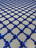Load image into Gallery viewer, Royal Blue Sequin Beaded Lattice Mesh Fabric | Luxury Embroidered Tulle for Dresses, Gowns, Costumes, Event Decor
