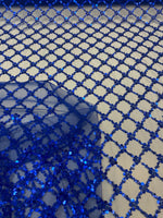 Load image into Gallery viewer, Royal Blue Sequin Beaded Lattice Mesh Fabric | Luxury Embroidered Tulle for Dresses, Gowns, Costumes, Event Decor
