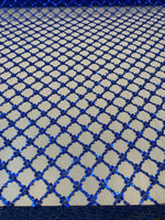 Load image into Gallery viewer, Royal Blue Sequin Beaded Lattice Mesh Fabric | Luxury Embroidered Tulle for Dresses, Gowns, Costumes, Event Decor
