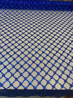 Load image into Gallery viewer, Royal Blue Sequin Beaded Lattice Mesh Fabric | Luxury Embroidered Tulle for Dresses, Gowns, Costumes, Event Decor

