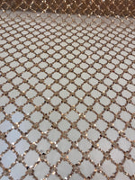 Load image into Gallery viewer, Gold Sequin Beaded Lattice Mesh Fabric | Luxury Embroidered Tulle for Dresses, Gowns, Costumes, Event Decor

