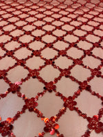 Load image into Gallery viewer, Red Sequin Beaded Lattice Mesh Fabric | Luxury Embroidered Tulle for Dresses, Gowns, Costumes, Event Decor
