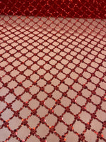 Load image into Gallery viewer, Red Sequin Beaded Lattice Mesh Fabric | Luxury Embroidered Tulle for Dresses, Gowns, Costumes, Event Decor
