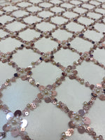 Load image into Gallery viewer, Rose gold Sequin Beaded Lattice Mesh Fabric | Luxury Embroidered Tulle for Dresses, Gowns, Costumes, Event Decor
