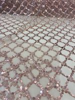 Load image into Gallery viewer, Rose gold Sequin Beaded Lattice Mesh Fabric | Luxury Embroidered Tulle for Dresses, Gowns, Costumes, Event Decor
