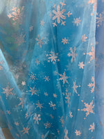 Load image into Gallery viewer, Blue Organza Fabric with Glitter Snowflakes – Sheer Sparkle Fabric for Costumes, Decor &amp; Crafts
