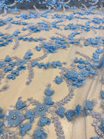 Load image into Gallery viewer, Aqua Blue 3D Floral Embroidered Lace Fabric – Beaded Mesh Lace for Dresses, Gowns, and Special Occasion Sewing
