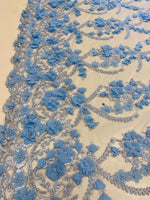 Load image into Gallery viewer, Aqua Blue 3D Floral Embroidered Lace Fabric – Beaded Mesh Lace for Dresses, Gowns, and Special Occasion Sewing
