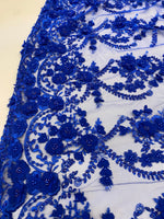 Load image into Gallery viewer, Royal blue Blue 3D Floral Embroidered Lace Fabric – Beaded Mesh Lace for Dresses, Gowns, and Special Occasion Sewing
