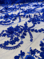 Load image into Gallery viewer, Royal blue Blue 3D Floral Embroidered Lace Fabric – Beaded Mesh Lace for Dresses, Gowns, and Special Occasion Sewing
