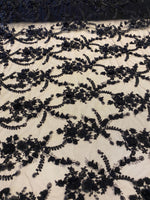 Load image into Gallery viewer, Black Blue 3D Floral Embroidered Lace Fabric – Beaded Mesh Lace for Dresses, Gowns, and Special Occasion Sewing
