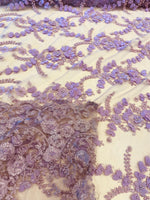 Load image into Gallery viewer, Lavender Blue 3D Floral Embroidered Lace Fabric – Beaded Mesh Lace for Dresses, Gowns, and Special Occasion Sewing
