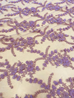 Load image into Gallery viewer, Lavender Blue 3D Floral Embroidered Lace Fabric – Beaded Mesh Lace for Dresses, Gowns, and Special Occasion Sewing
