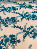 Load image into Gallery viewer, Turquoise Blue 3D Floral Embroidered Lace Fabric – Beaded Mesh Lace for Dresses, Gowns, and Special Occasion Sewing
