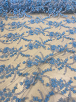 Load image into Gallery viewer, Aqua Blue 3D Floral Embroidered Lace Fabric – Beaded Mesh Lace for Dresses, Gowns, and Special Occasion Sewing
