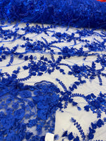 Load image into Gallery viewer, Royal blue Blue 3D Floral Embroidered Lace Fabric – Beaded Mesh Lace for Dresses, Gowns, and Special Occasion Sewing

