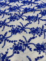 Load image into Gallery viewer, Royal blue Blue 3D Floral Embroidered Lace Fabric – Beaded Mesh Lace for Dresses, Gowns, and Special Occasion Sewing
