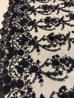 Load image into Gallery viewer, Black Blue 3D Floral Embroidered Lace Fabric – Beaded Mesh Lace for Dresses, Gowns, and Special Occasion Sewing
