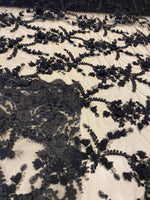 Load image into Gallery viewer, Black Blue 3D Floral Embroidered Lace Fabric – Beaded Mesh Lace for Dresses, Gowns, and Special Occasion Sewing
