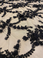 Load image into Gallery viewer, Black Blue 3D Floral Embroidered Lace Fabric – Beaded Mesh Lace for Dresses, Gowns, and Special Occasion Sewing
