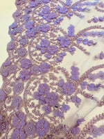 Load image into Gallery viewer, Lavender Blue 3D Floral Embroidered Lace Fabric – Beaded Mesh Lace for Dresses, Gowns, and Special Occasion Sewing
