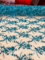 Load image into Gallery viewer, Turquoise Blue 3D Floral Embroidered Lace Fabric – Beaded Mesh Lace for Dresses, Gowns, and Special Occasion Sewing
