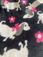 Load image into Gallery viewer, Cute Dachshund Dog Fleece Fabric – Black, White &amp; Pink Puppy Print with Flowers | Soft Anti-Pill Fleece by the Yard
