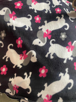 Load image into Gallery viewer, Cute Dachshund Dog Fleece Fabric – Black, White &amp; Pink Puppy Print with Flowers | Soft Anti-Pill Fleece by the Yard
