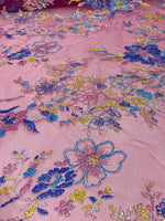 Load image into Gallery viewer, Sparkling Floral Glitter Mesh Fabric On Pink Embroidered Lace | Glitter Tulle Fabric for Dresses, Gowns, Crafts &amp; Special Events
