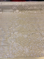Load image into Gallery viewer, White 3D Floral Sequin Lace Fabric on Mesh – Wedding Dress Lace • Bridal Gown Material • Luxury Embroidery Fabric by the Yard
