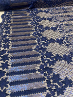 Load image into Gallery viewer, Navy 3D Floral Sequin Lace Fabric on Mesh – Wedding Dress Lace • Bridal Gown Material • Luxury Embroidery Fabric by the Yard
