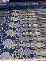 Load image into Gallery viewer, Navy 3D Floral Sequin Lace Fabric on Mesh – Wedding Dress Lace • Bridal Gown Material • Luxury Embroidery Fabric by the Yard
