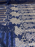 Load image into Gallery viewer, Navy 3D Floral Sequin Lace Fabric on Mesh – Wedding Dress Lace • Bridal Gown Material • Luxury Embroidery Fabric by the Yard
