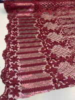 Load image into Gallery viewer, Burgundy 3D Floral Sequin Lace Fabric on Mesh – Wedding Dress Lace • Bridal Gown Material • Luxury Embroidery Fabric by the Yard
