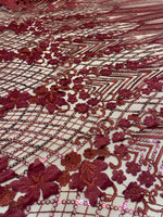 Load image into Gallery viewer, Burgundy 3D Floral Sequin Lace Fabric on Mesh – Wedding Dress Lace • Bridal Gown Material • Luxury Embroidery Fabric by the Yard
