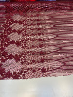 Load image into Gallery viewer, Burgundy 3D Floral Sequin Lace Fabric on Mesh – Wedding Dress Lace • Bridal Gown Material • Luxury Embroidery Fabric by the Yard
