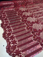 Load image into Gallery viewer, Burgundy 3D Floral Sequin Lace Fabric on Mesh – Wedding Dress Lace • Bridal Gown Material • Luxury Embroidery Fabric by the Yard
