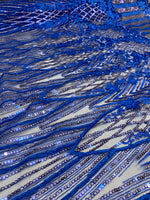 Load image into Gallery viewer, Royal blue 3D Floral Sequin Lace Fabric on Mesh – Wedding Dress Lace • Bridal Gown Material • Luxury Embroidery Fabric by the Yard
