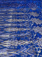 Load image into Gallery viewer, Royal blue 3D Floral Sequin Lace Fabric on Mesh – Wedding Dress Lace • Bridal Gown Material • Luxury Embroidery Fabric by the Yard
