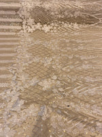Load image into Gallery viewer, Beige 3D Floral Sequin Lace Fabric on Mesh – Wedding Dress Lace • Bridal Gown Material • Luxury Embroidery Fabric by the Yard
