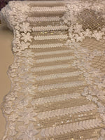 Load image into Gallery viewer, Beige 3D Floral Sequin Lace Fabric on Mesh – Wedding Dress Lace • Bridal Gown Material • Luxury Embroidery Fabric by the Yard
