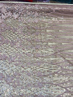 Load image into Gallery viewer, Lavender 3D Floral Sequin Lace Fabric on Mesh – Wedding Dress Lace • Bridal Gown Material • Luxury Embroidery Fabric by the Yard
