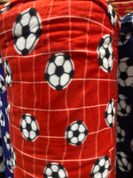 Load image into Gallery viewer, Red Soccer Fleece Fabric - Ball Print Anti-Pill Fleece by the Yard – Sports Theme Fabric for Blankets, Crafts, Pajamas, DIY Projects
