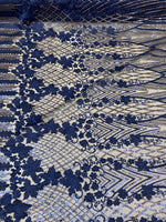 Load image into Gallery viewer, Navy 3D Floral Sequin Lace Fabric on Mesh – Wedding Dress Lace • Bridal Gown Material • Luxury Embroidery Fabric by the Yard
