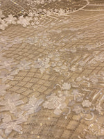 Load image into Gallery viewer, Beige 3D Floral Sequin Lace Fabric on Mesh – Wedding Dress Lace • Bridal Gown Material • Luxury Embroidery Fabric by the Yard
