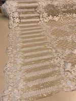 Load image into Gallery viewer, Beige 3D Floral Sequin Lace Fabric on Mesh – Wedding Dress Lace • Bridal Gown Material • Luxury Embroidery Fabric by the Yard
