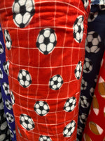 Load image into Gallery viewer, Red Soccer Fleece Fabric - Ball Print Anti-Pill Fleece by the Yard – Sports Theme Fabric for Blankets, Crafts, Pajamas, DIY Projects
