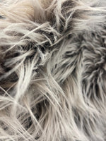 Load image into Gallery viewer, Faux fur,Silver gray on brown shaggy long pile fabric upholstery  per yard 58” wide

